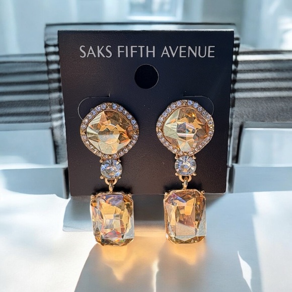 340 Saks Fifth Avenue Golden Drop Dangle Earrings With Crystal Accents 20$